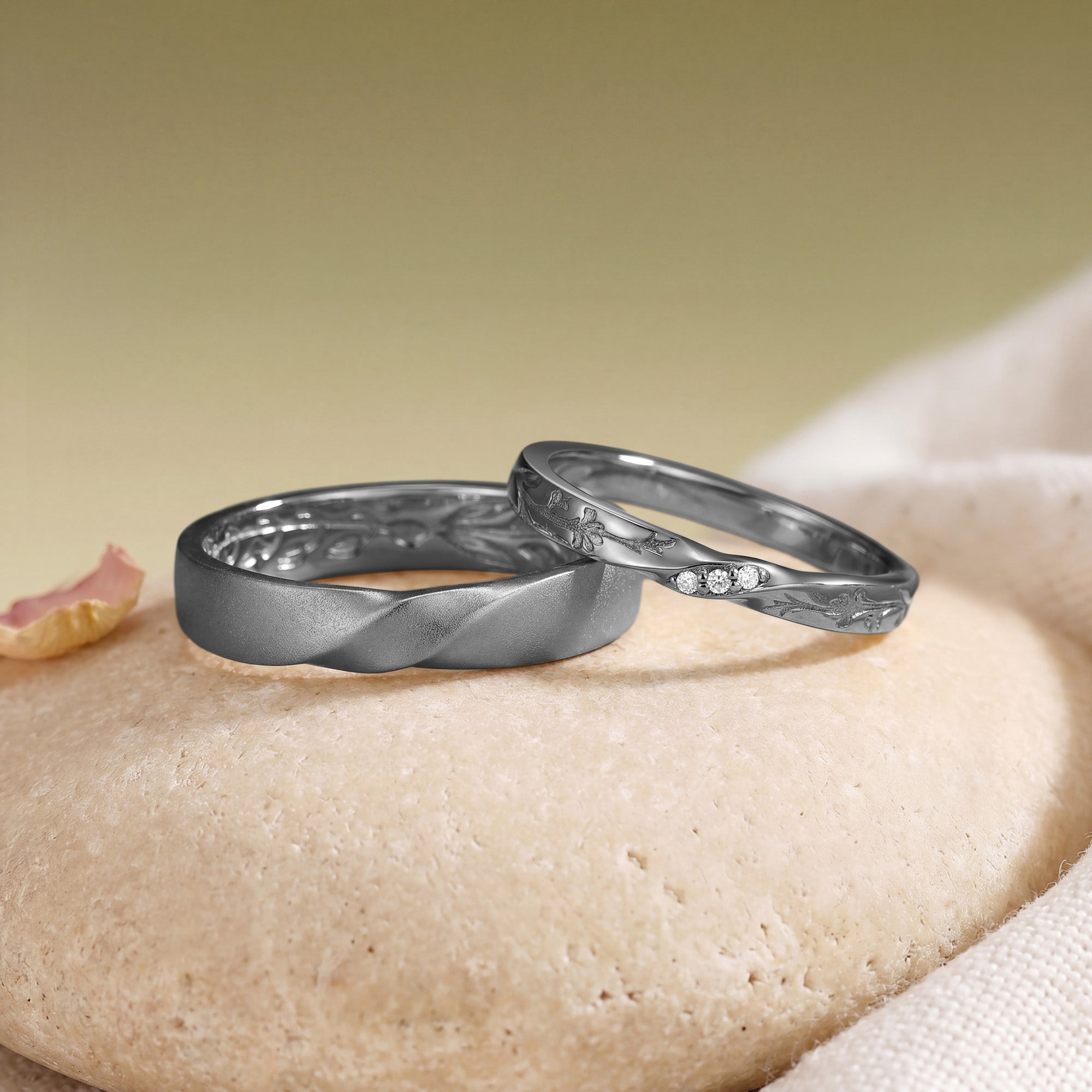 Vintage Twist Matte Floral Vine Moissanite Promise Anniversary Couple Rings - Aimee