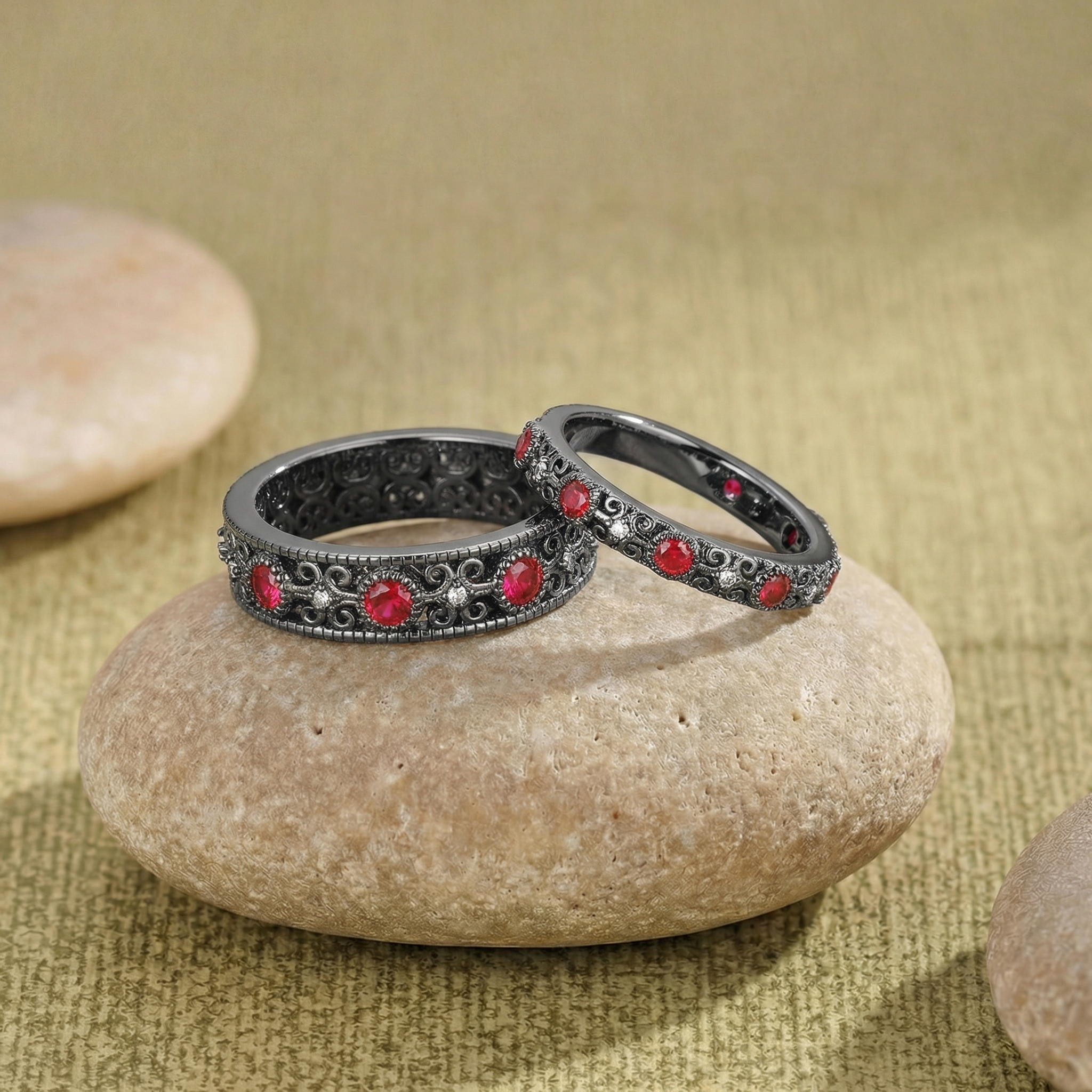 Vintage Filigree Ruby Gold Couple Rings - Rowan