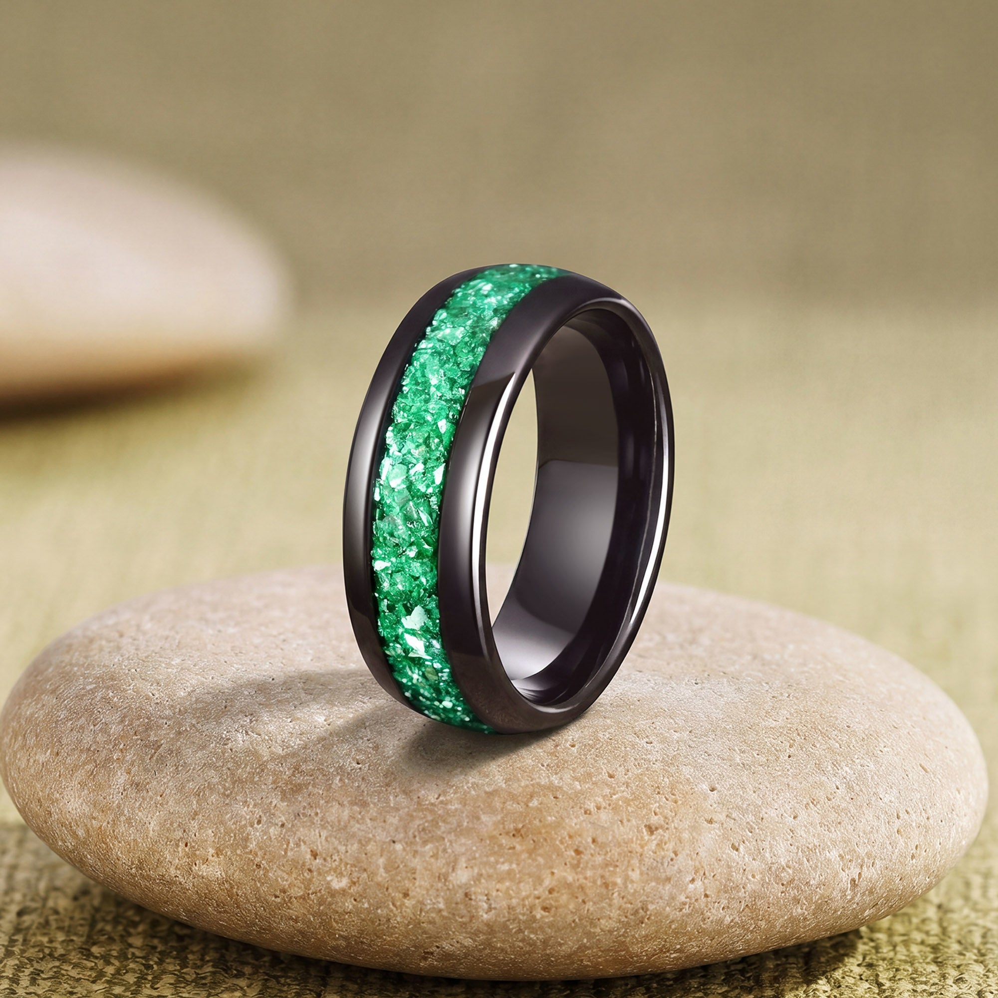 Emerald Green Crushed Tungsten Promise Couple Ring