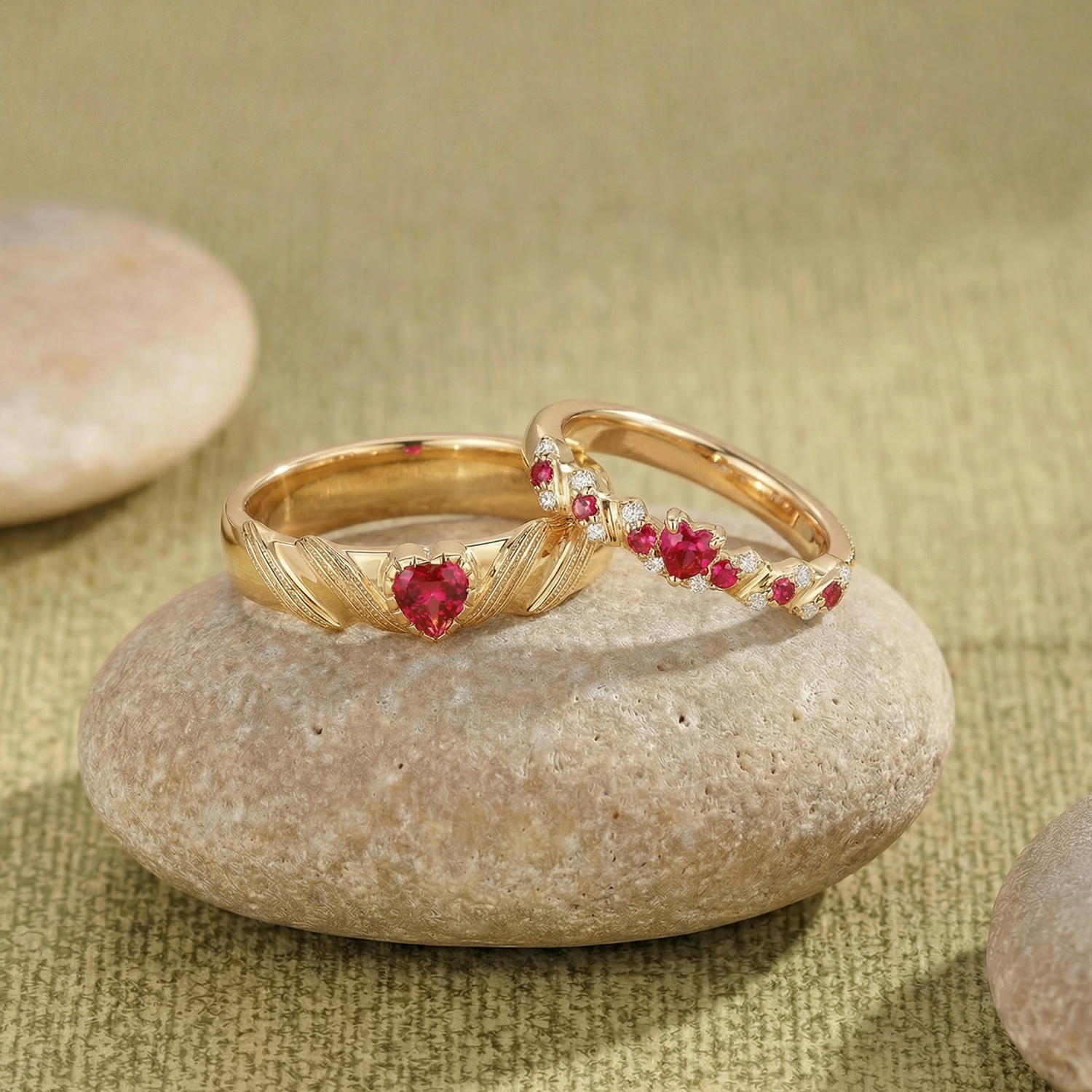 Twisted Gold And Heart Ruby Couple Rings - Mireille