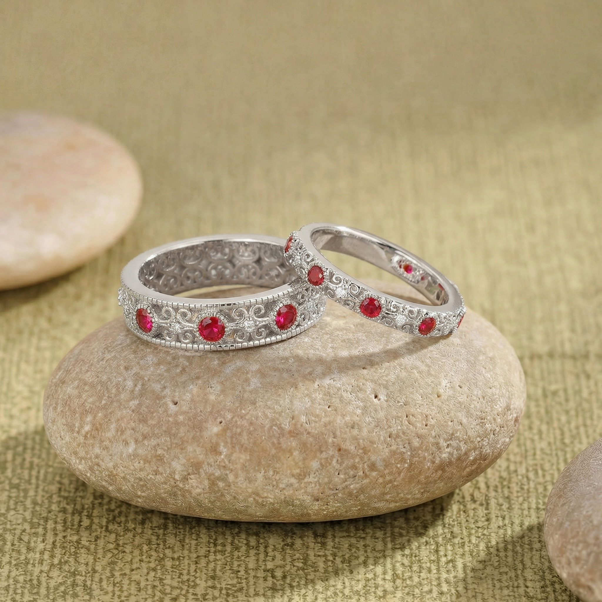 Vintage Filigree Ruby Gold Couple Rings - Rowan