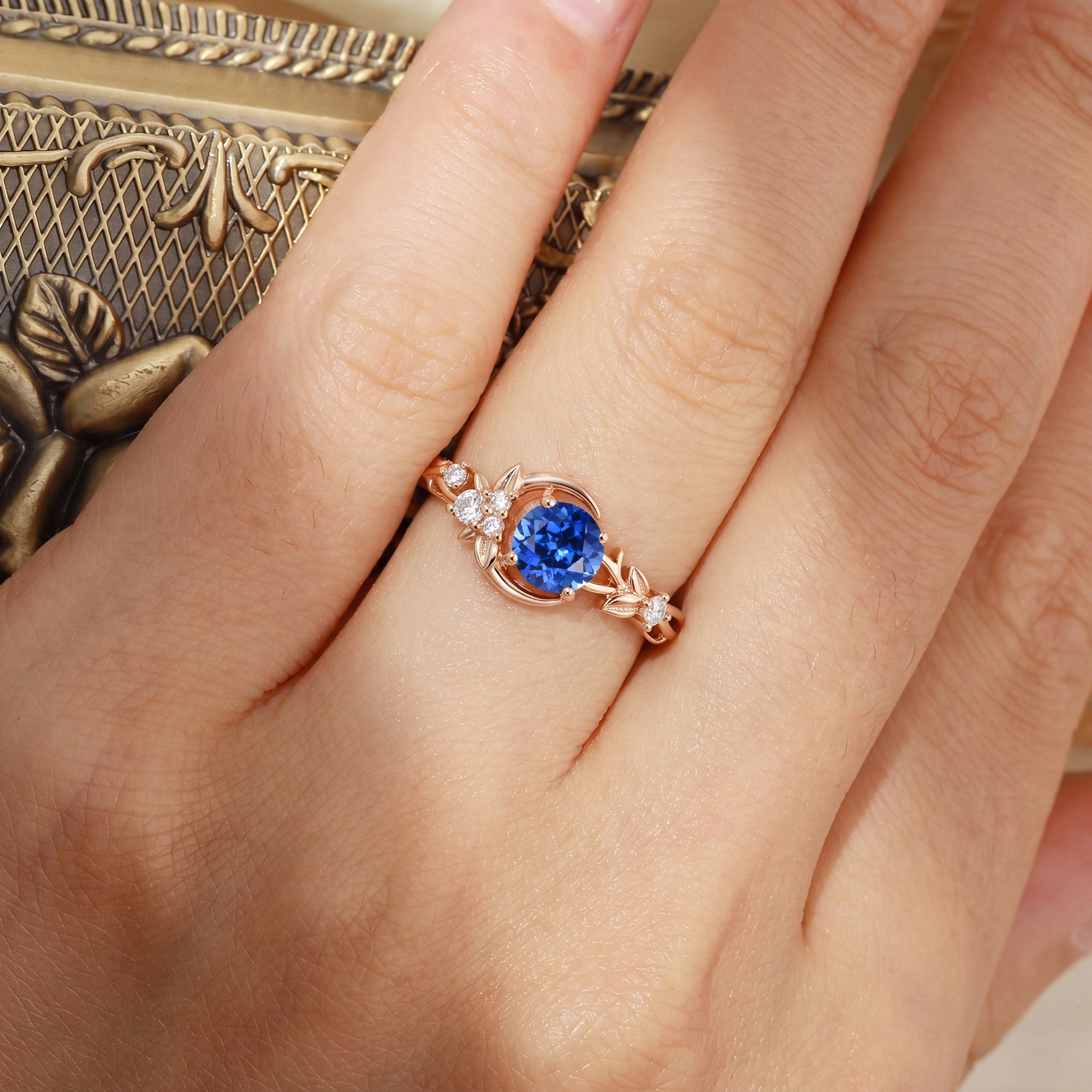 Crescent Moon & Floral Round Cut Sapphire Engagement Ring - Leonora