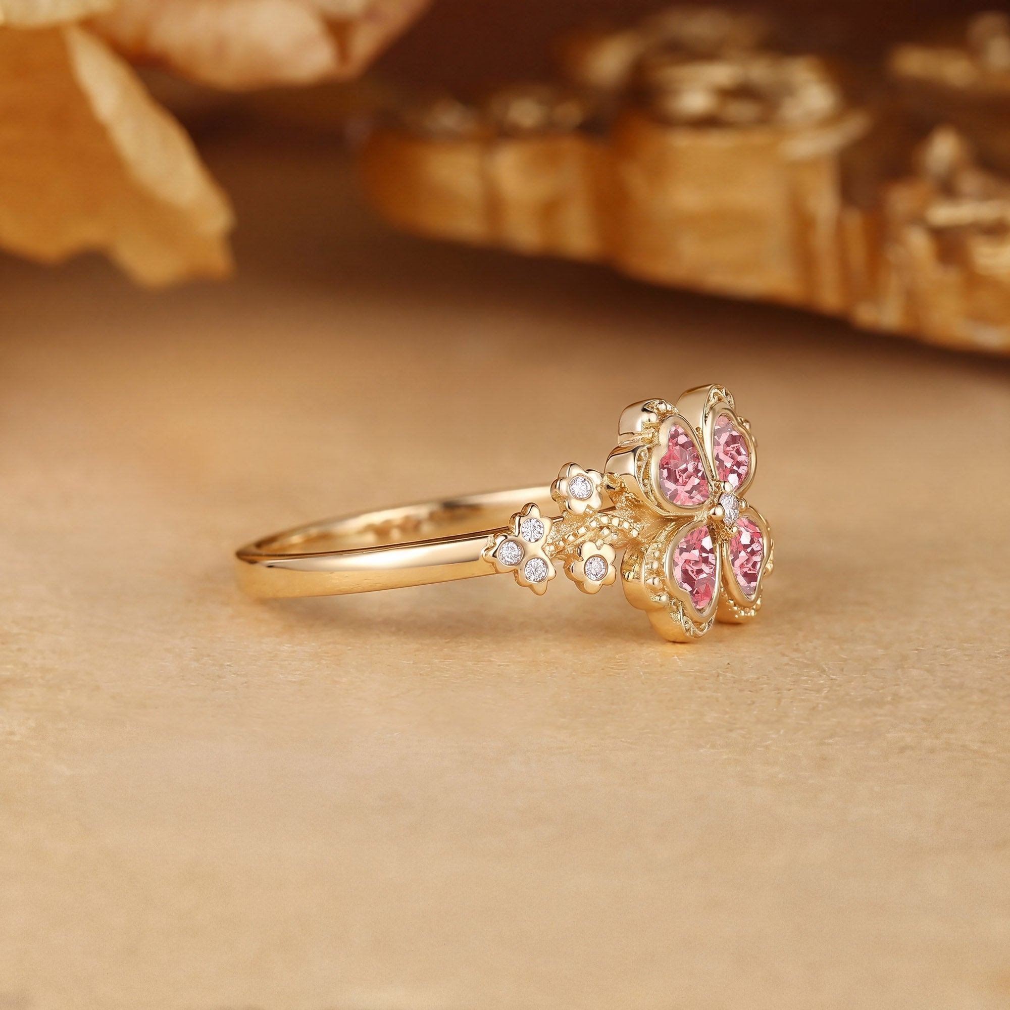 Four Leaf Clover Heart Cut Pink Sapphire Flower Filigree Engagement Ring - Faustine