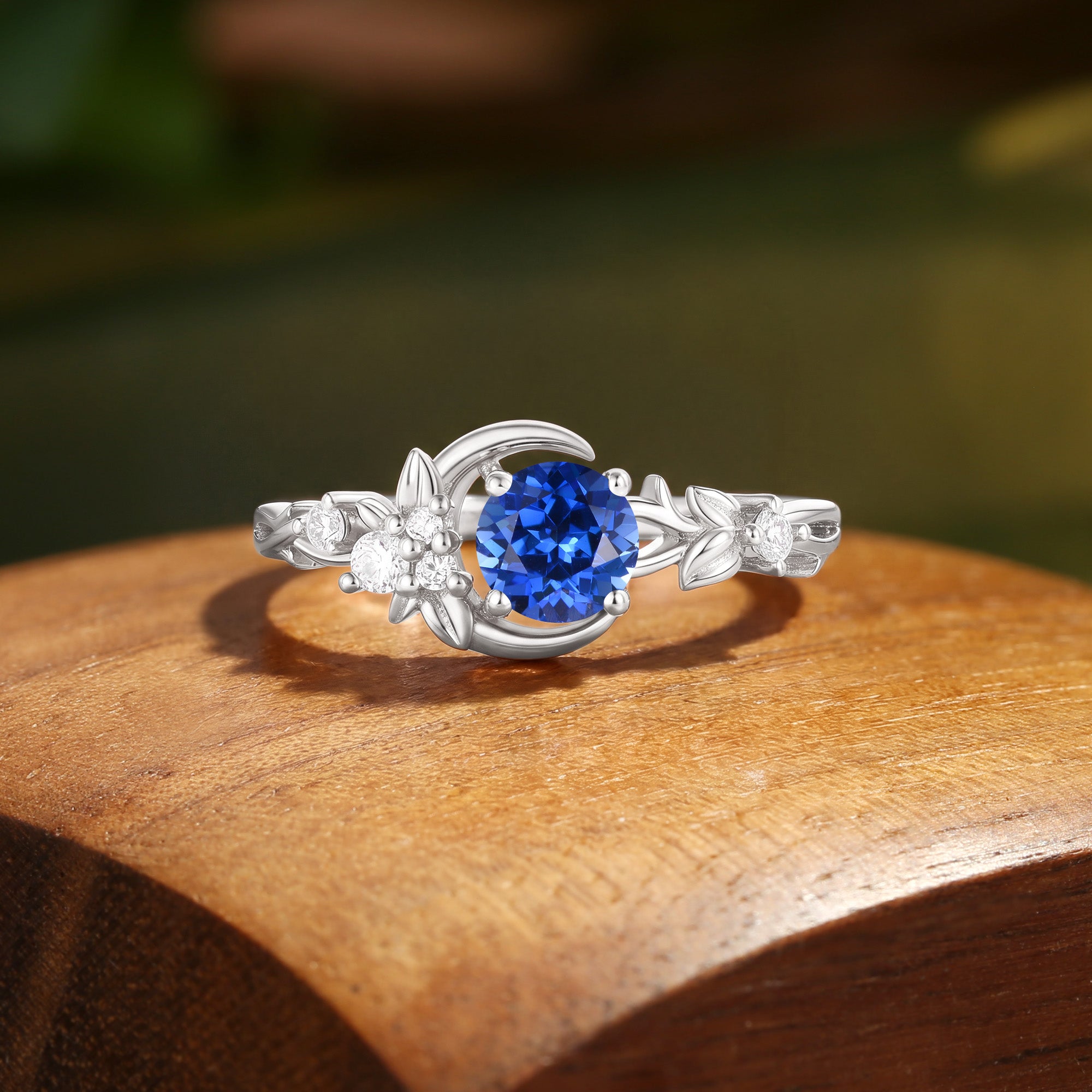 Crescent Moon & Floral Round Cut Sapphire Engagement Ring - Leonora