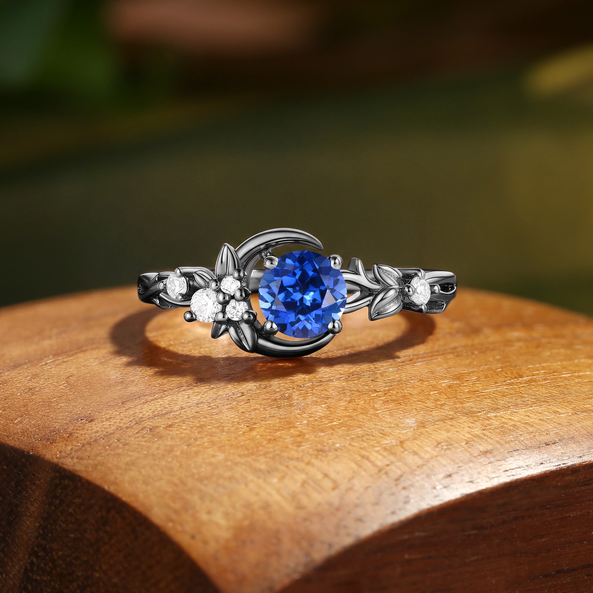 Crescent Moon & Floral Round Cut Sapphire Engagement Ring - Leonora