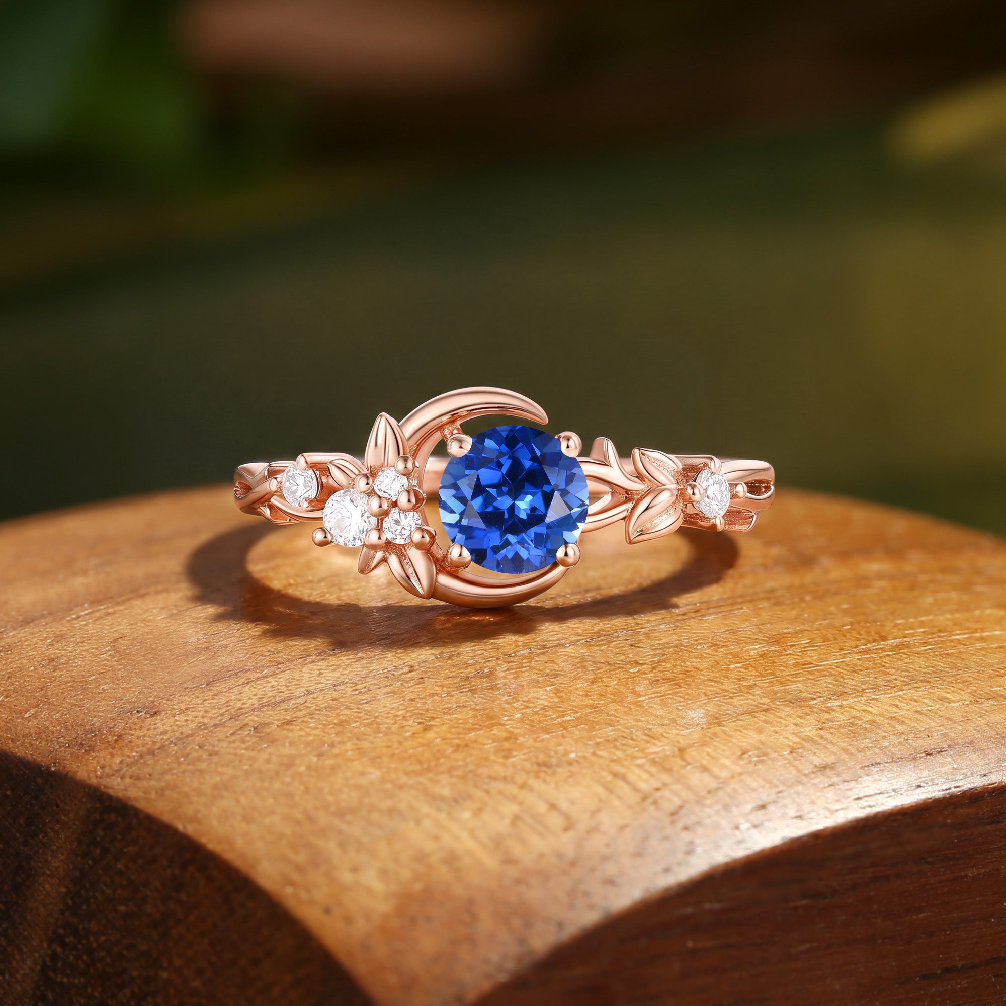 Crescent Moon & Floral Round Cut Sapphire Engagement Ring - Leonora