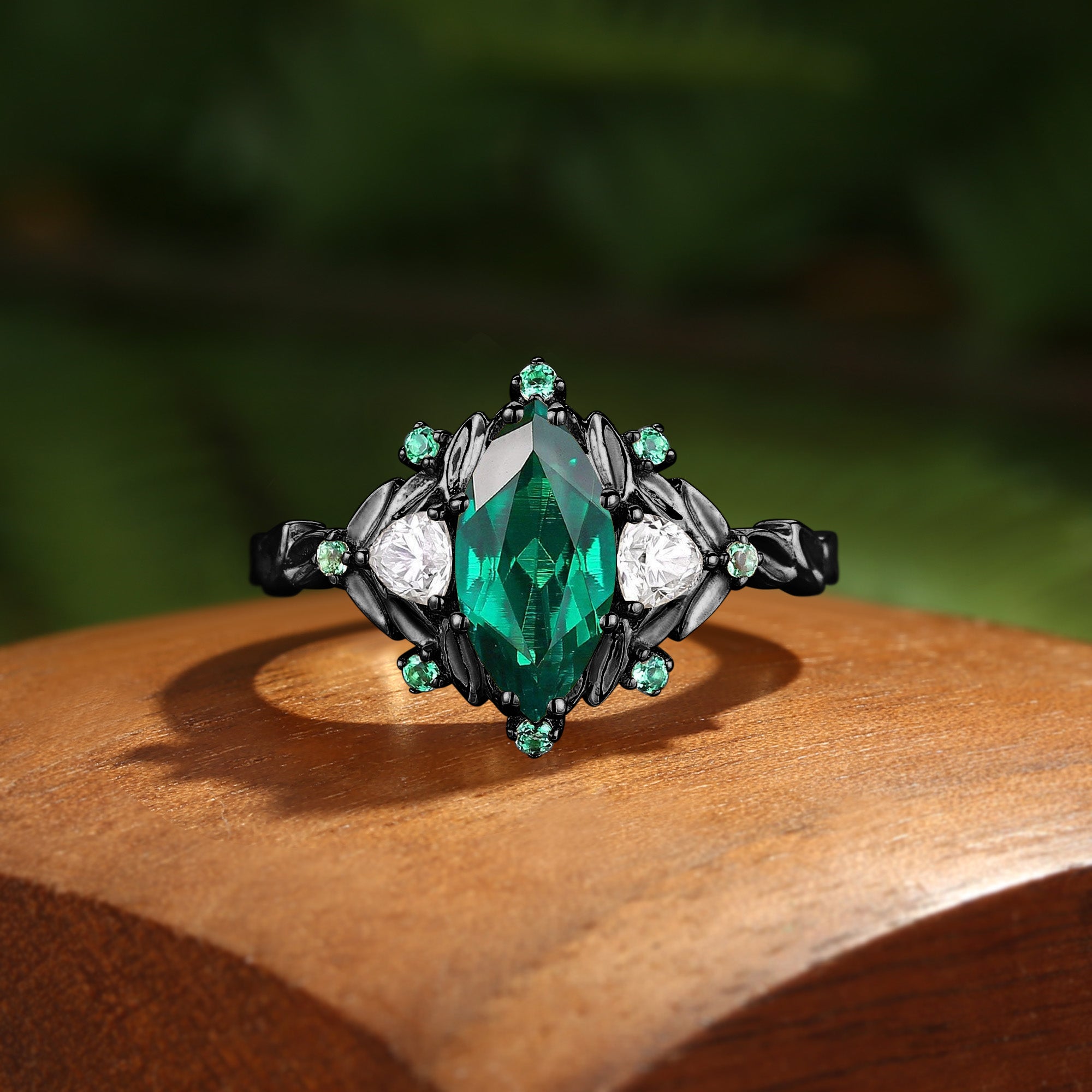 Jessamine - Marquise Lab Emerald Leaf Three Stone Branch Engagement Ring