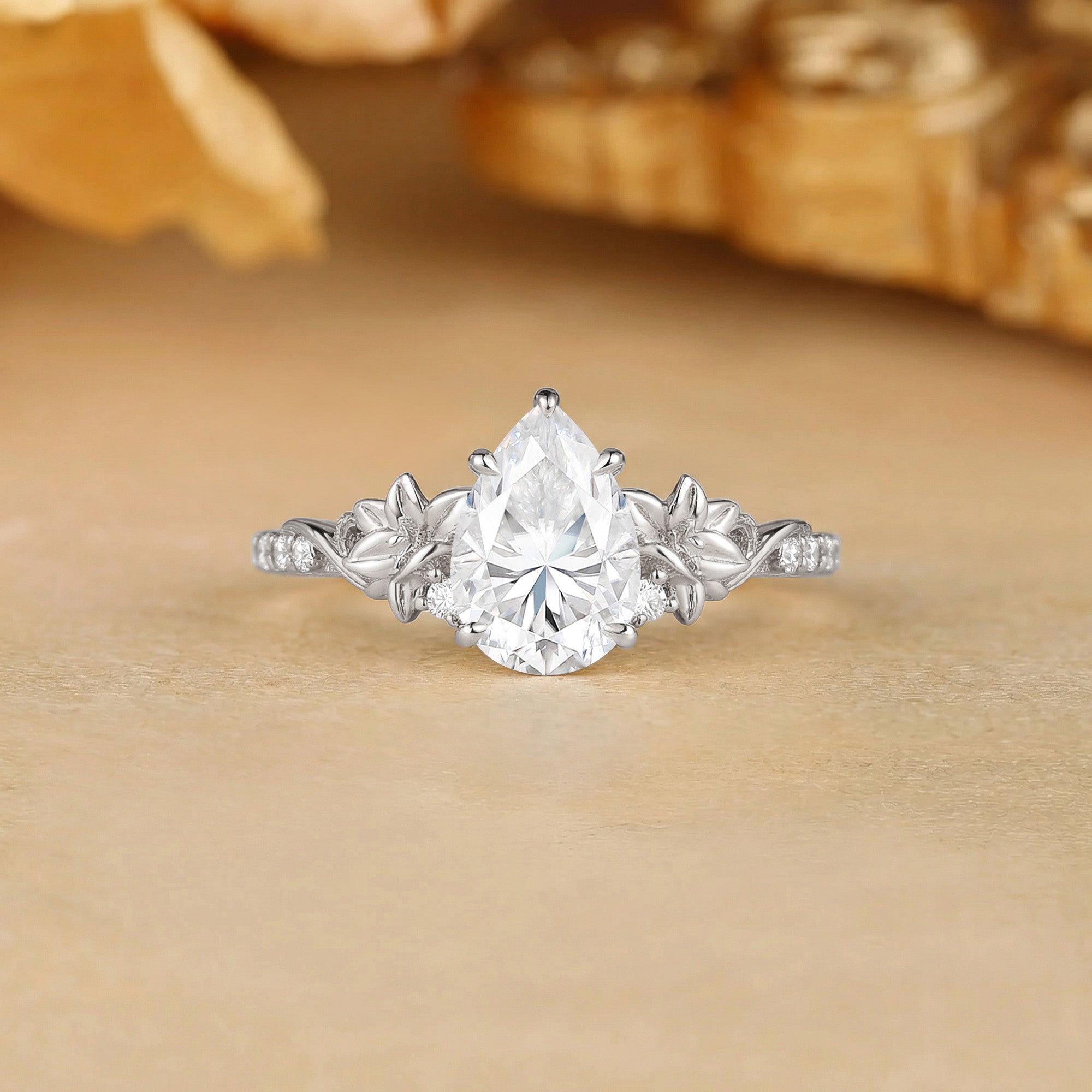 Floral Pear Cut Moissanite Flower Filigree Engagement Ring - Citronella