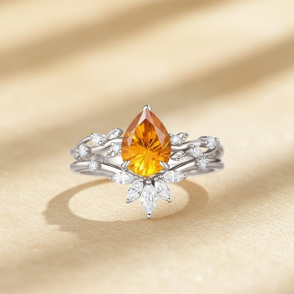 Clarissa - Firework Pear Cut Citrine Vine Inspired Leafy Bridal Set 2pcs